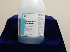 clear jug, dark blue liquid, light blue stripe label - BISM Green Degreaser